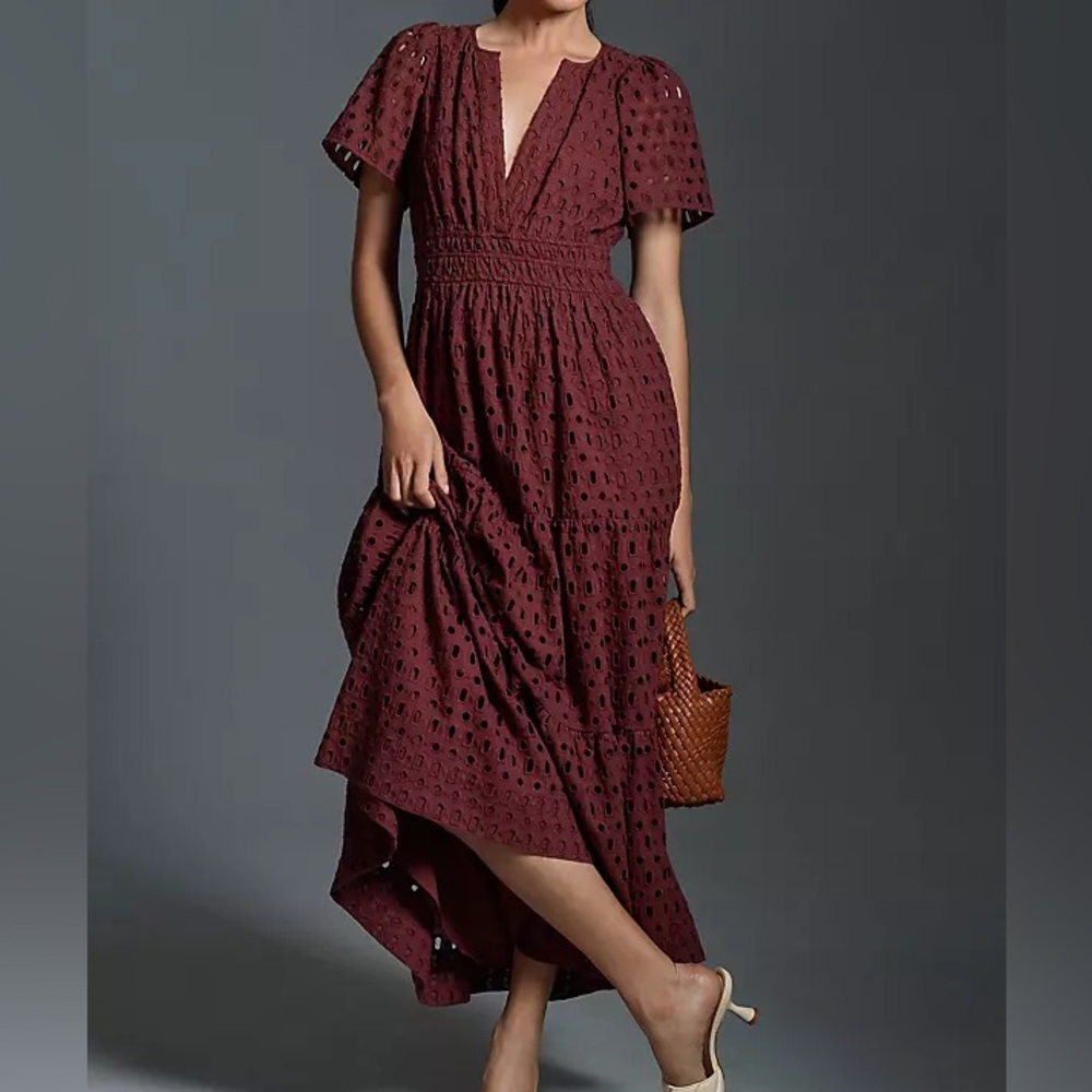 Anthropologie Somerset Maxi Dress Eyelet Edition Tiered in Chocolate Brown